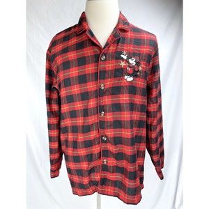 Disney Store Men Sz M Mickey Mouse Red Plaid Holiday PJ Shirt Long Sleeves